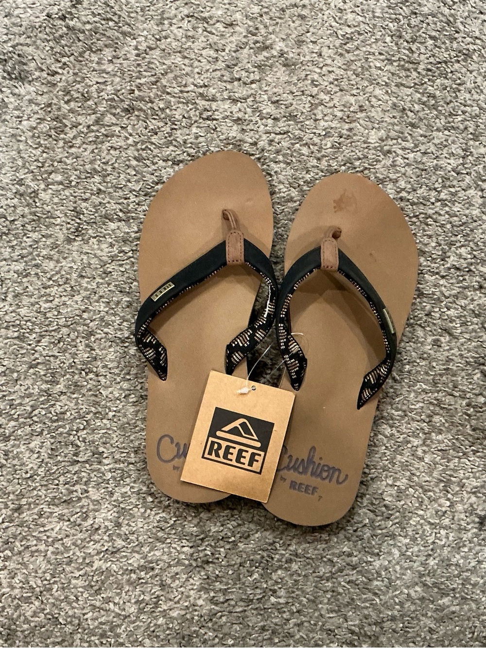 Reef Women's Tan Footbed Sandals with Black Patterned Straps